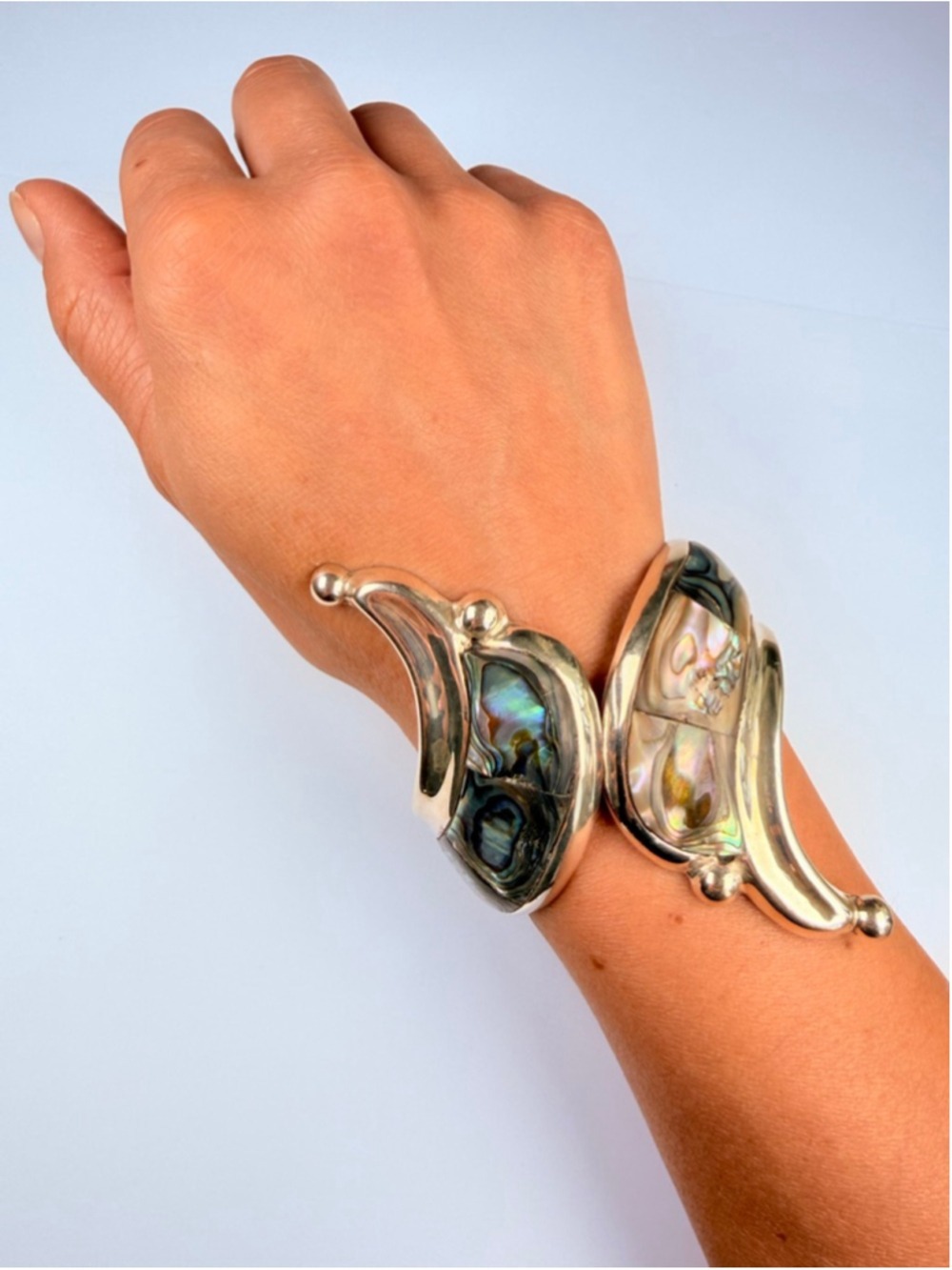 Taxco Massive Modernist Abalone Ornate Sterling Silver Clamper Cuff VTG Bracelet - Picture 3 of 13